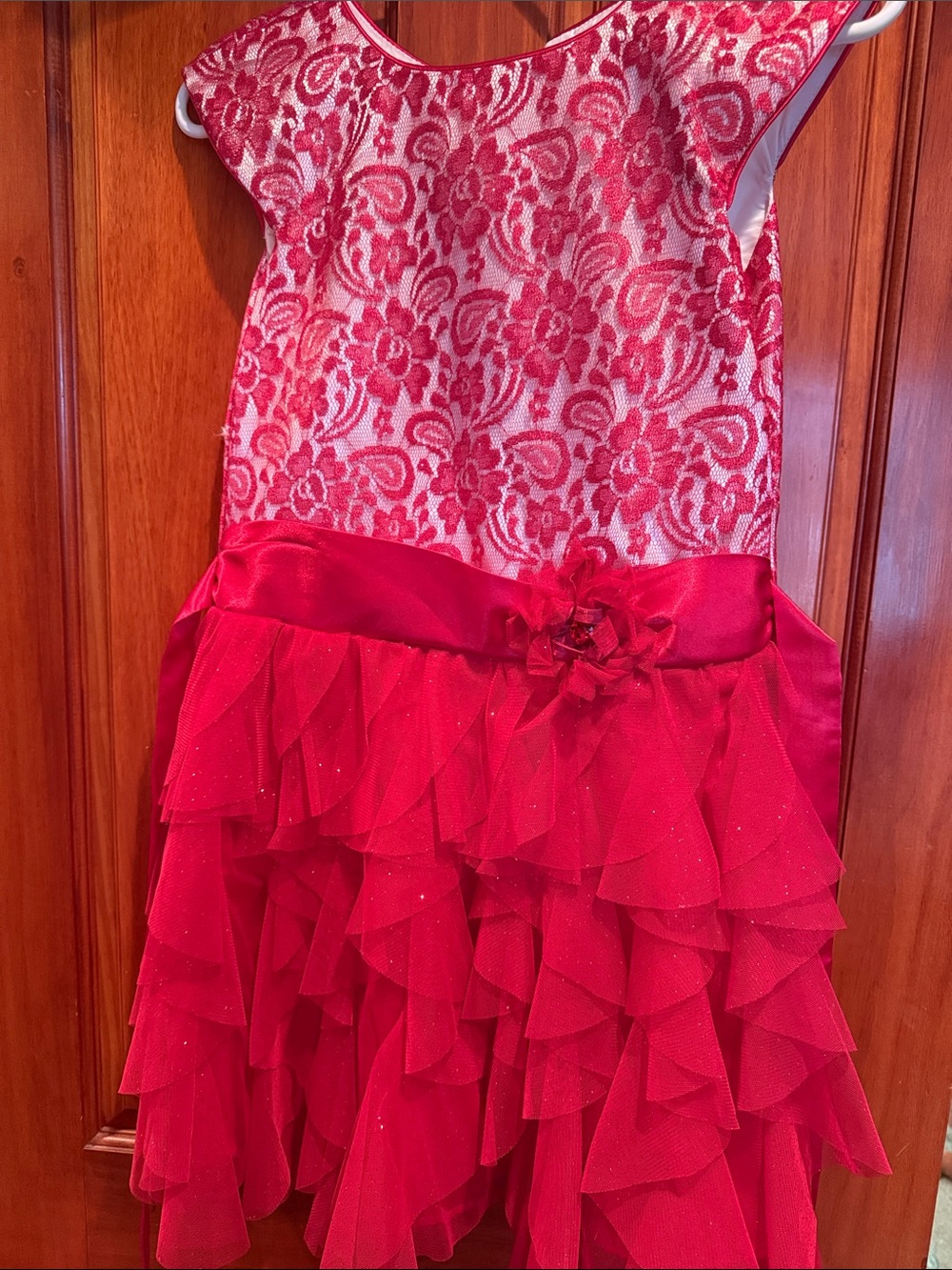 Jona Michelle Red Floral Lace & Ruffle Party Dress
